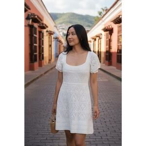 ZARA Romantic Crochet White Dress Puff Sleeve Vacay Resort LG